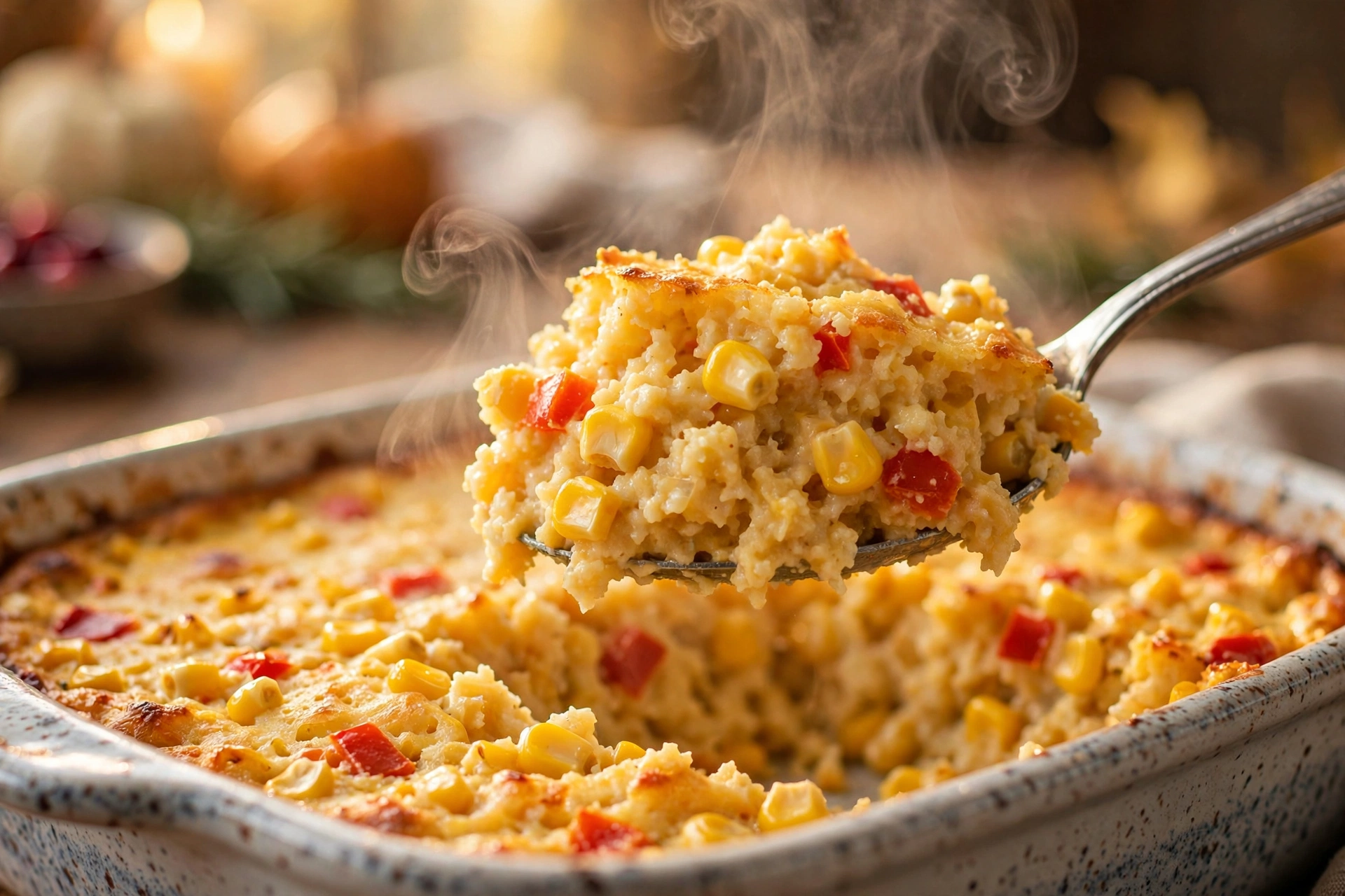 A spoon lifting a steaming scoop of healthy corn casserole, creamy crumb with whole corn kernels and red pepper pieces