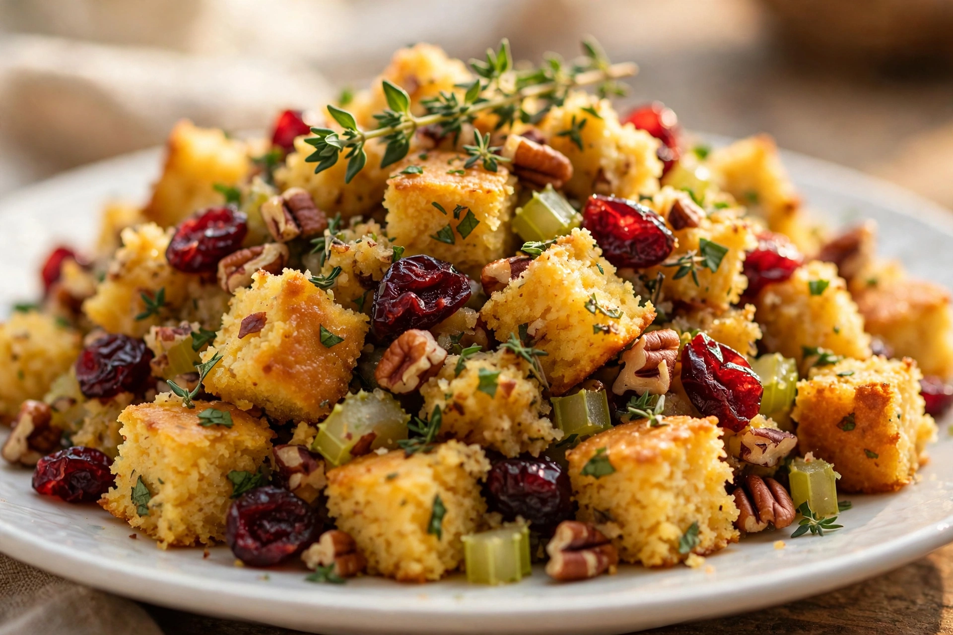 Close-up serving of healthy cornbread stuffing with cornbread cubes, cranberries, pecans, celery and fresh thyme on a white plate