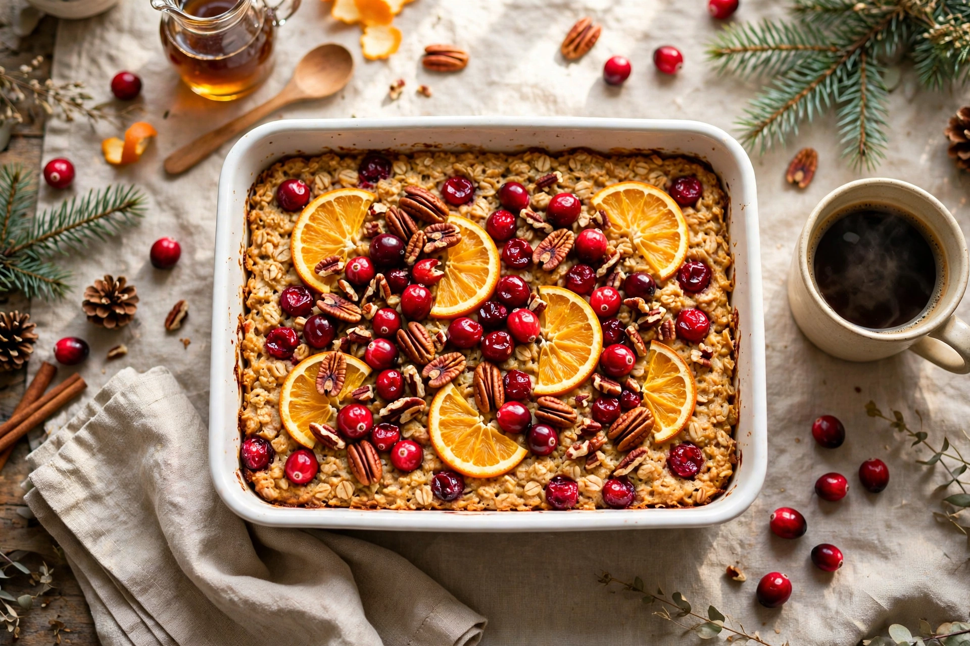 Healthy cranberry orange baked oatmeal in a white baking dish with fresh cranberries, orange slices and pecans on a Christmas brunch table