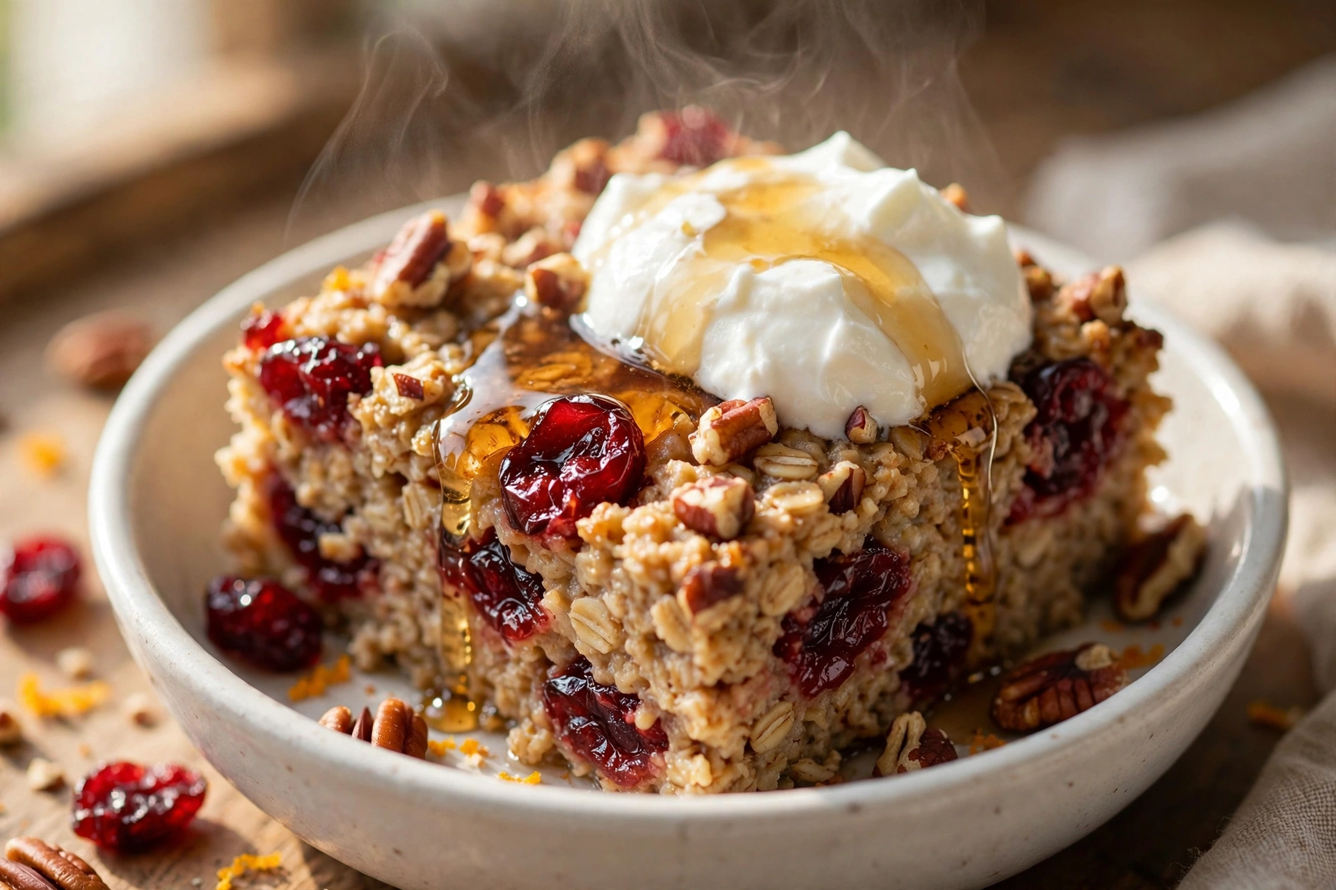 Close-up of a serving of healthy cranberry orange baked oatmeal with Greek yogurt, maple drizzle, cranberries and pecans