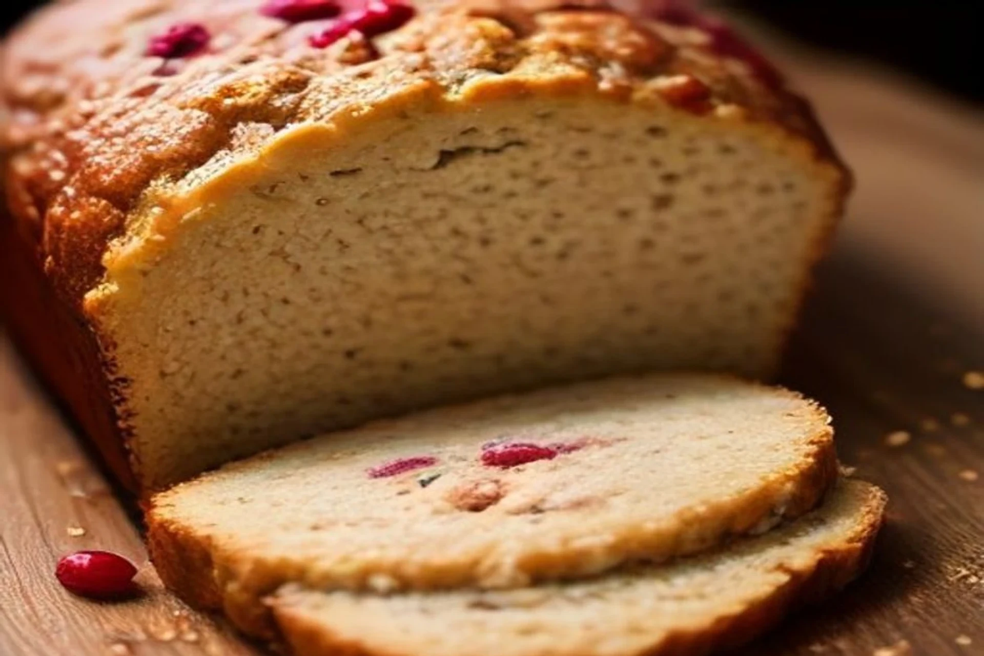 Close up of healthy cranberry orange bread with slices cut, showing a moist golden crumb studded with red cranberry pieces