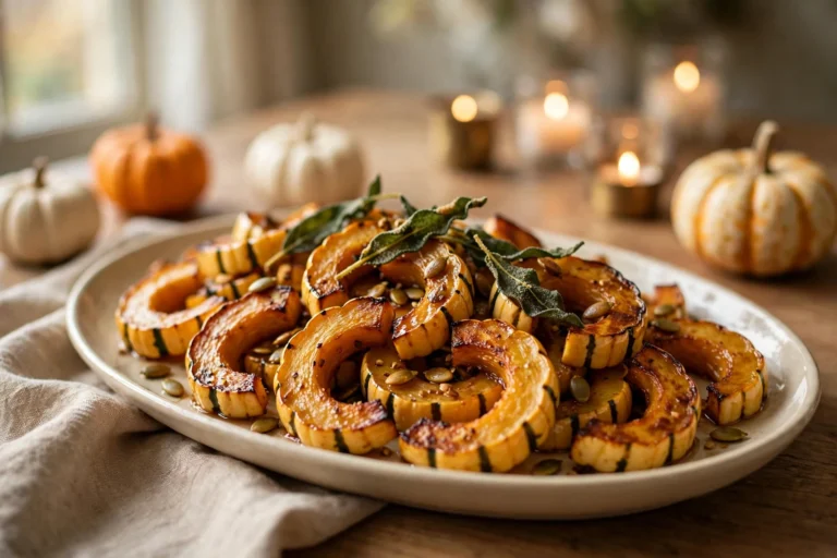Platter of roasted delicata squash half moons with caramelized edges, crispy sage leaves and toasted pepitas, with small pumpkins and candles on a Thanksgiving table
