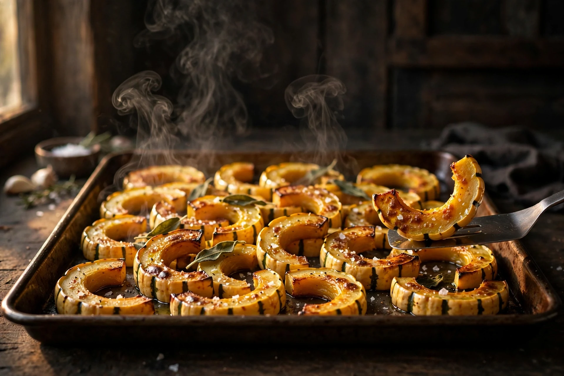 Sheet pan of roasted delicata squash crescents just out of the oven, with one piece lifted on a spatula showing its tender golden underside and steam rising