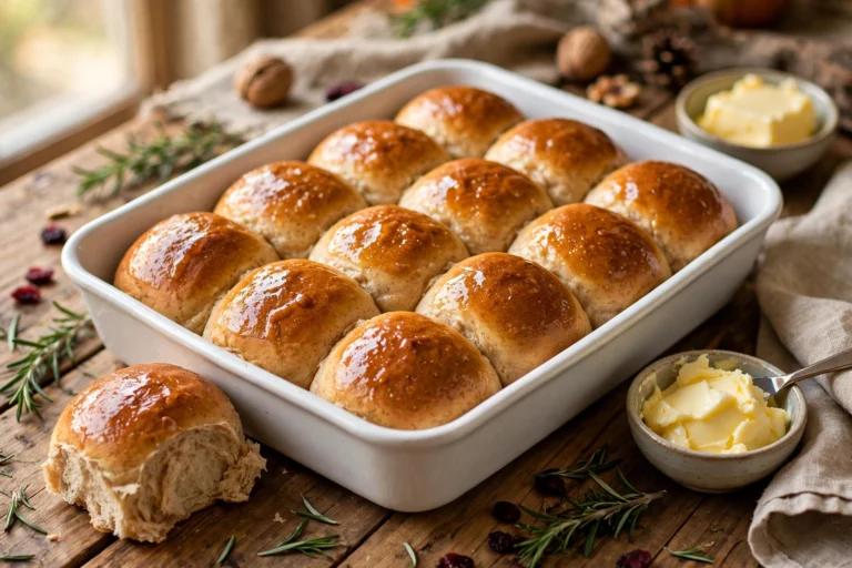 Healthy dinner rolls baked pull apart in a white 9x13 dish, twelve golden honey brushed rolls with one pulled from the corner