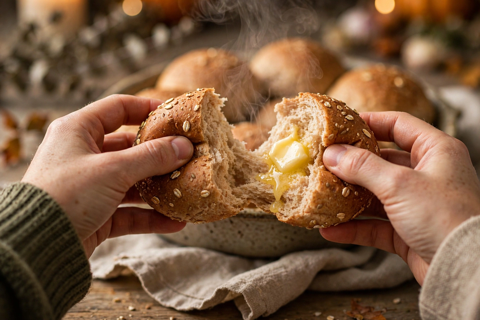 Hands tearing open a steaming whole wheat dinner roll with a pat of butter melting inside, more rolls blurred behind