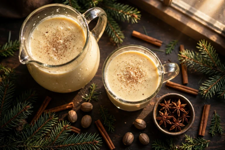 Pitcher and glass mug of healthy eggnog dusted with freshly grated nutmeg, with cinnamon sticks, whole nutmeg and star anise on a dark Christmas table