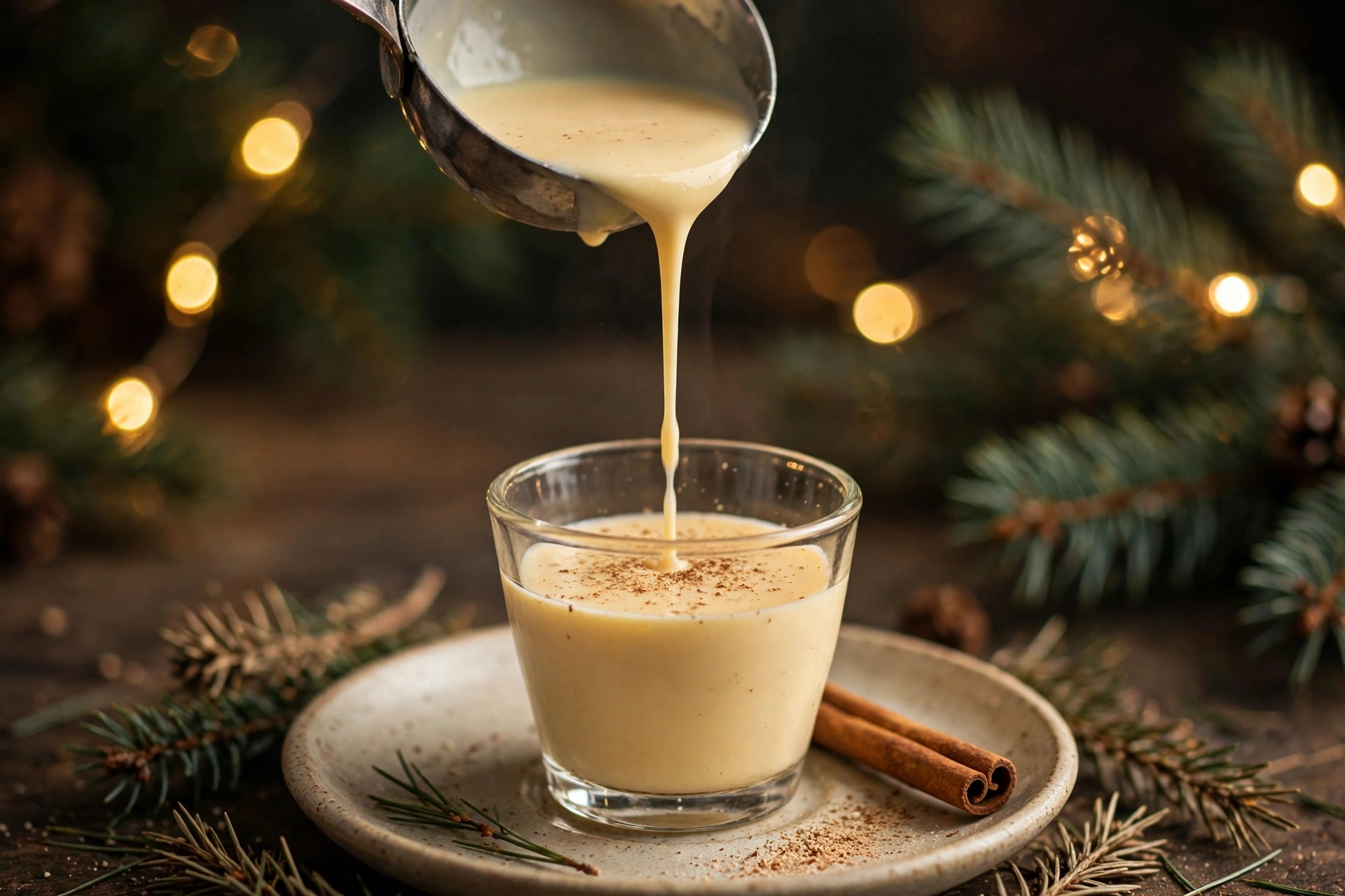 Healthy eggnog being poured from a ladle into a small glass, with a cinnamon stick on the saucer and blurred Christmas lights behind