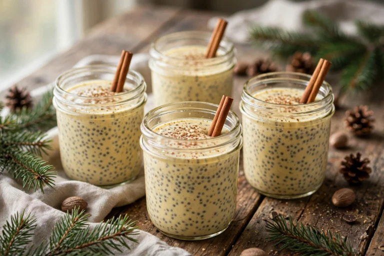 Healthy eggnog chia pudding in glass jars with cinnamon sticks