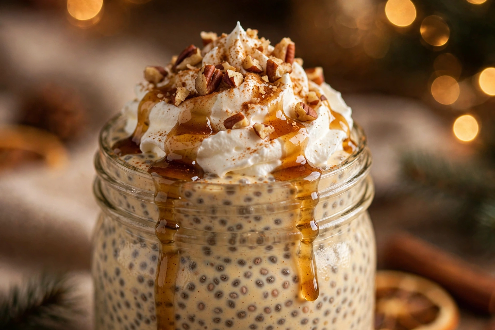 Close-up of eggnog chia pudding topped with coconut whipped cream, maple drizzle and crushed pecans