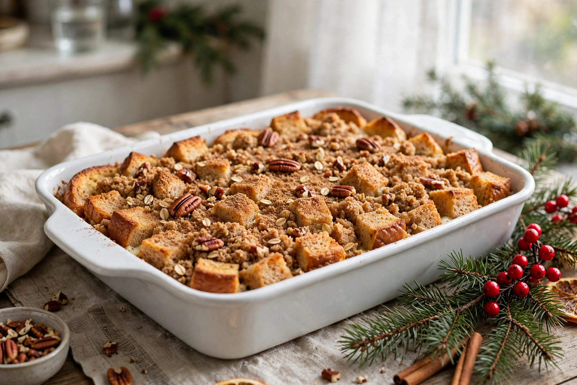 Healthy eggnog French toast casserole in a white 9 by 13 dish, golden whole wheat cubes under oat pecan crumble, pine branch and red berries beside
