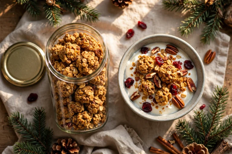 Glass jar and small bowl of healthy gingerbread granola with big golden clusters, pecans and dried cranberries, with Christmas pine greenery around