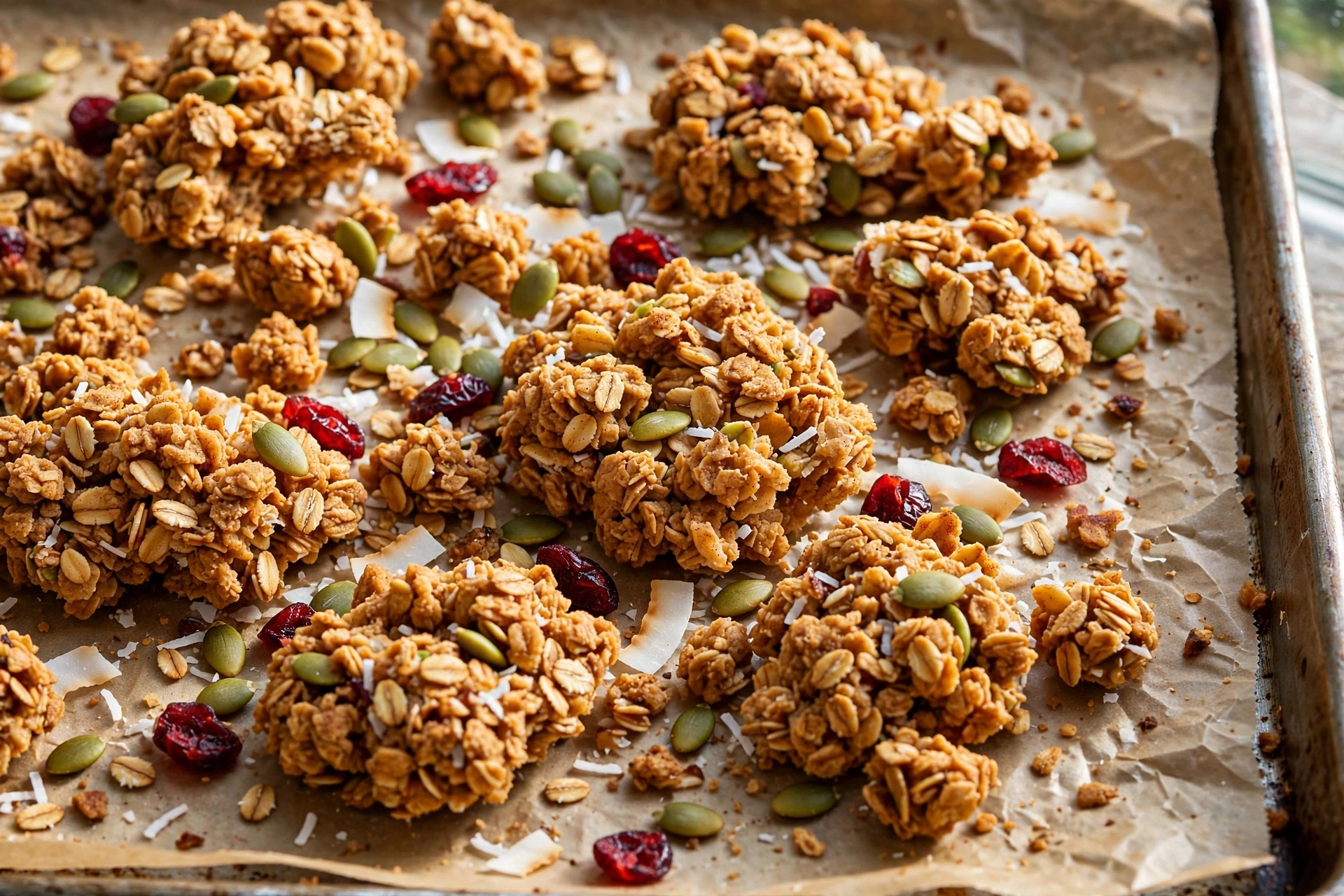 Close up of healthy gingerbread granola clusters with rolled oats, pumpkin seeds, coconut flakes and dried cranberries on a parchment lined baking sheet