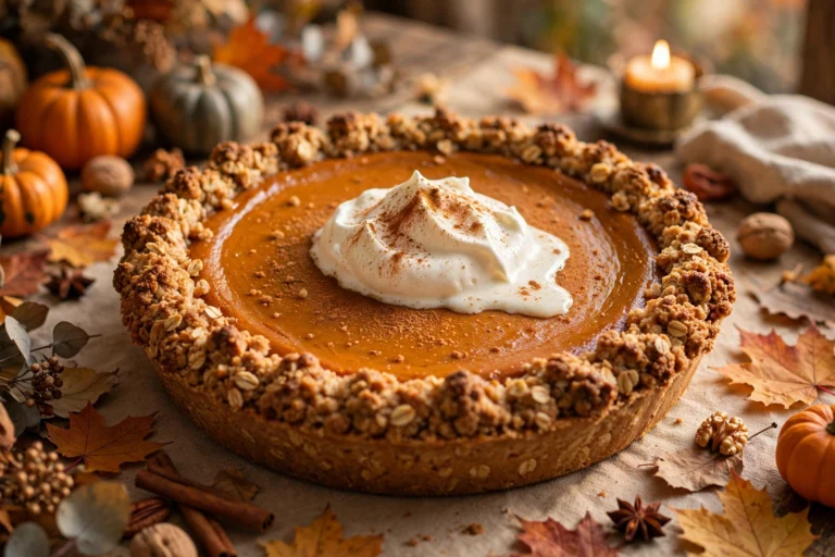 Healthy pumpkin pie with oat crumble crust, whipped cream and cinnamon