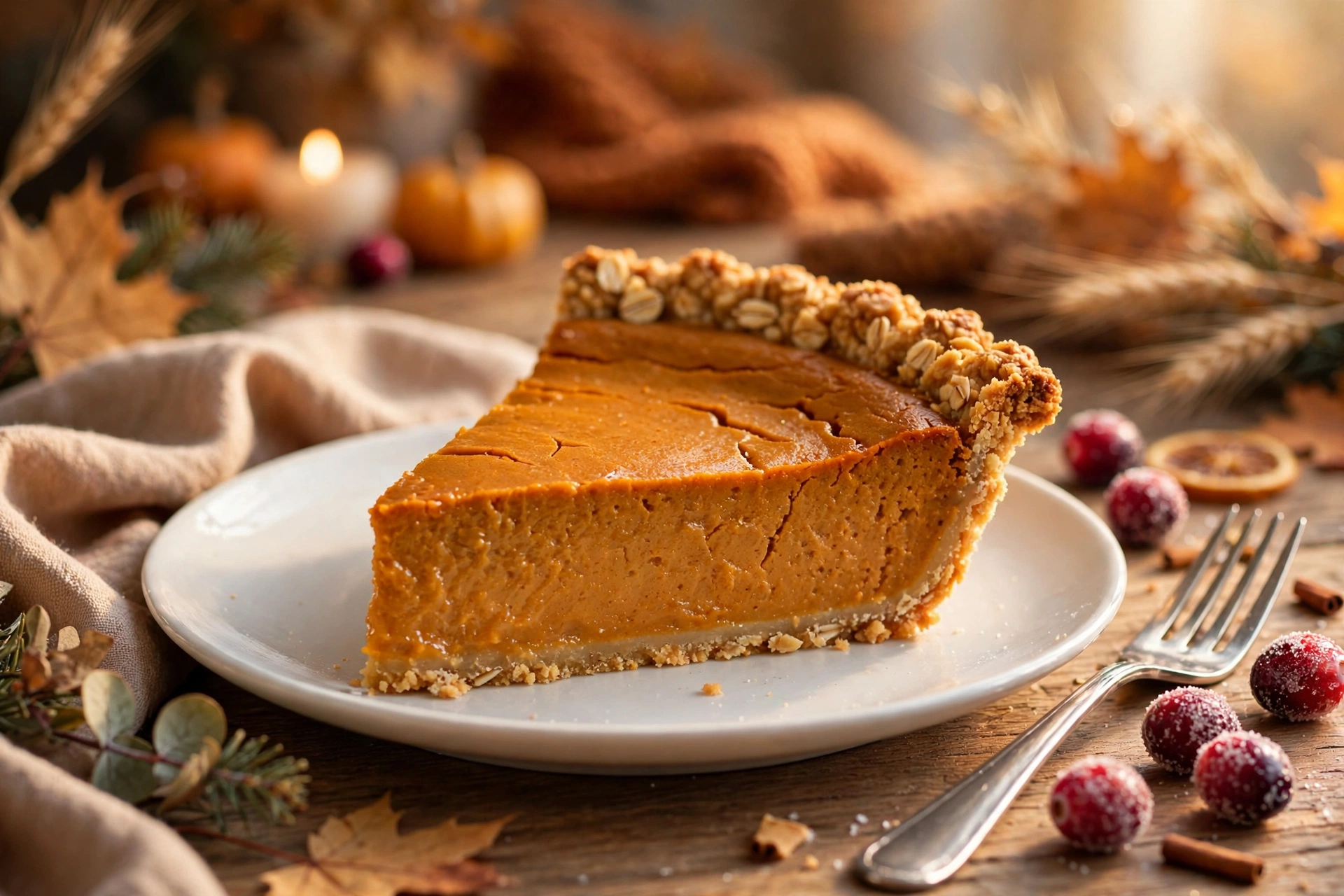 Slice of pumpkin pie showing creamy orange filling and oat crust on a white plate