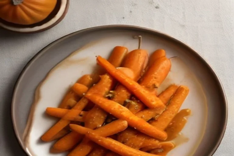 Platter of healthy honey glazed carrots with herbs on an autumn Thanksgiving table with a mini pumpkin nearby