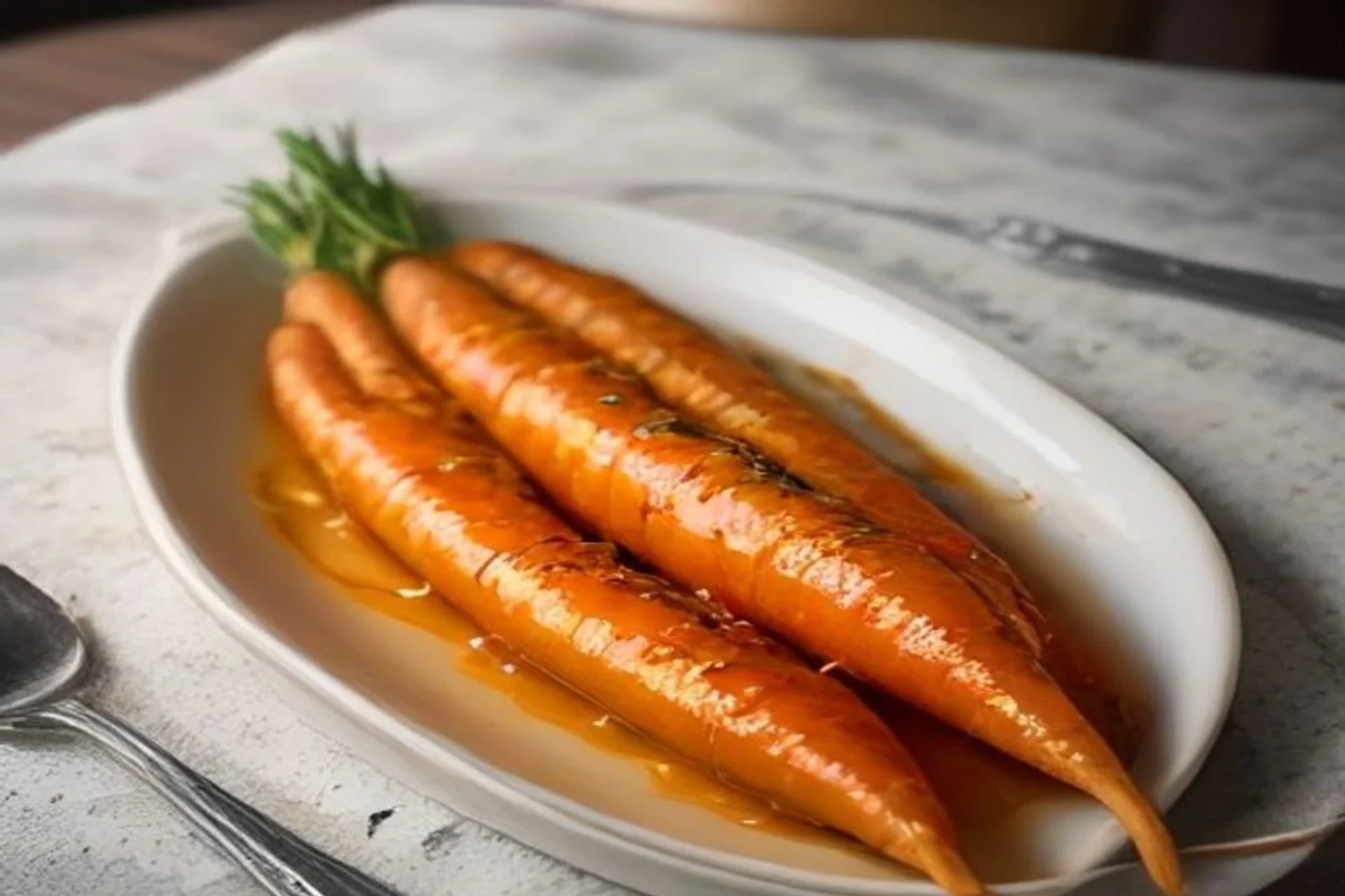 Whole healthy honey glazed carrots with a glossy caramelized surface arranged on an oval white serving platter