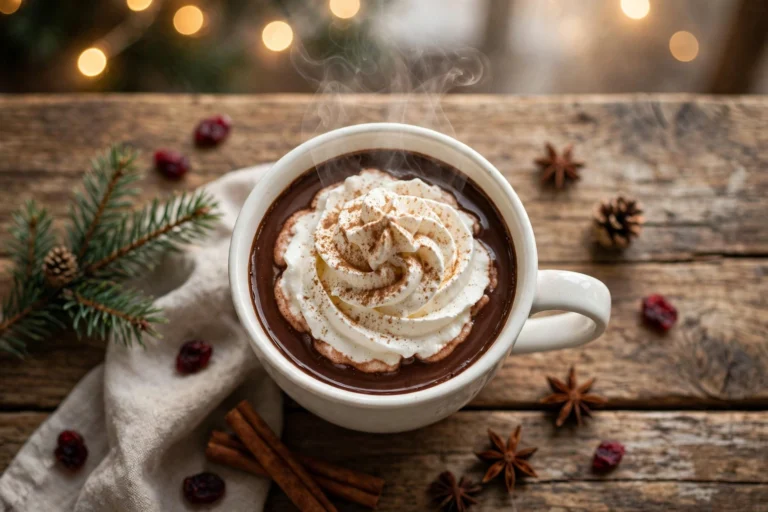 Healthy hot chocolate in a white mug topped with whipped cream and a dusting of cinnamon