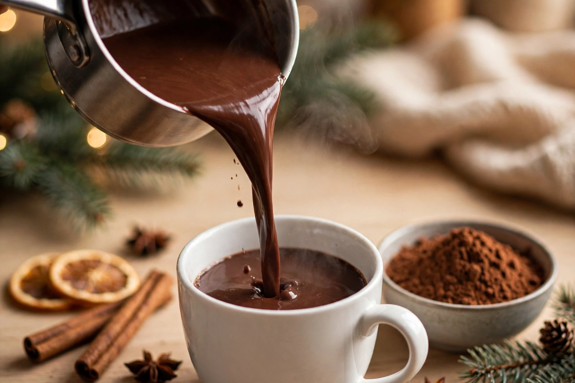 Healthy hot chocolate being poured into mugs with holiday toppings nearby