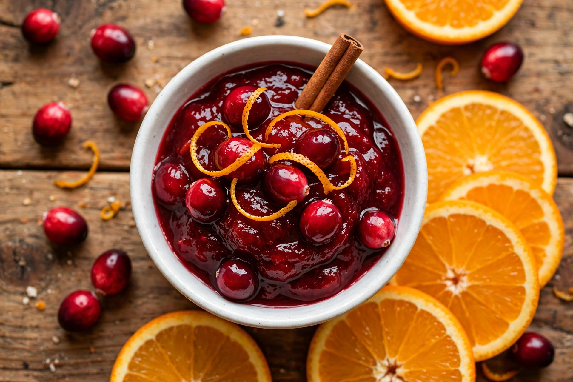 Bowl of healthy cranberry sauce with orange zest and cinnamon