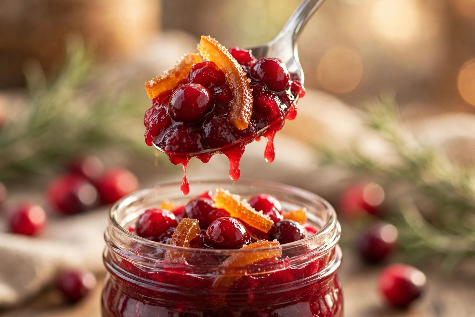 Spoon lifting glossy healthy cranberry sauce over a glass jar