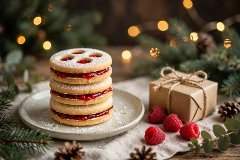 Healthy linzer cookies stacked on a small plate, round windows showing red raspberry jam, powdered sugar dusting, gift box beside