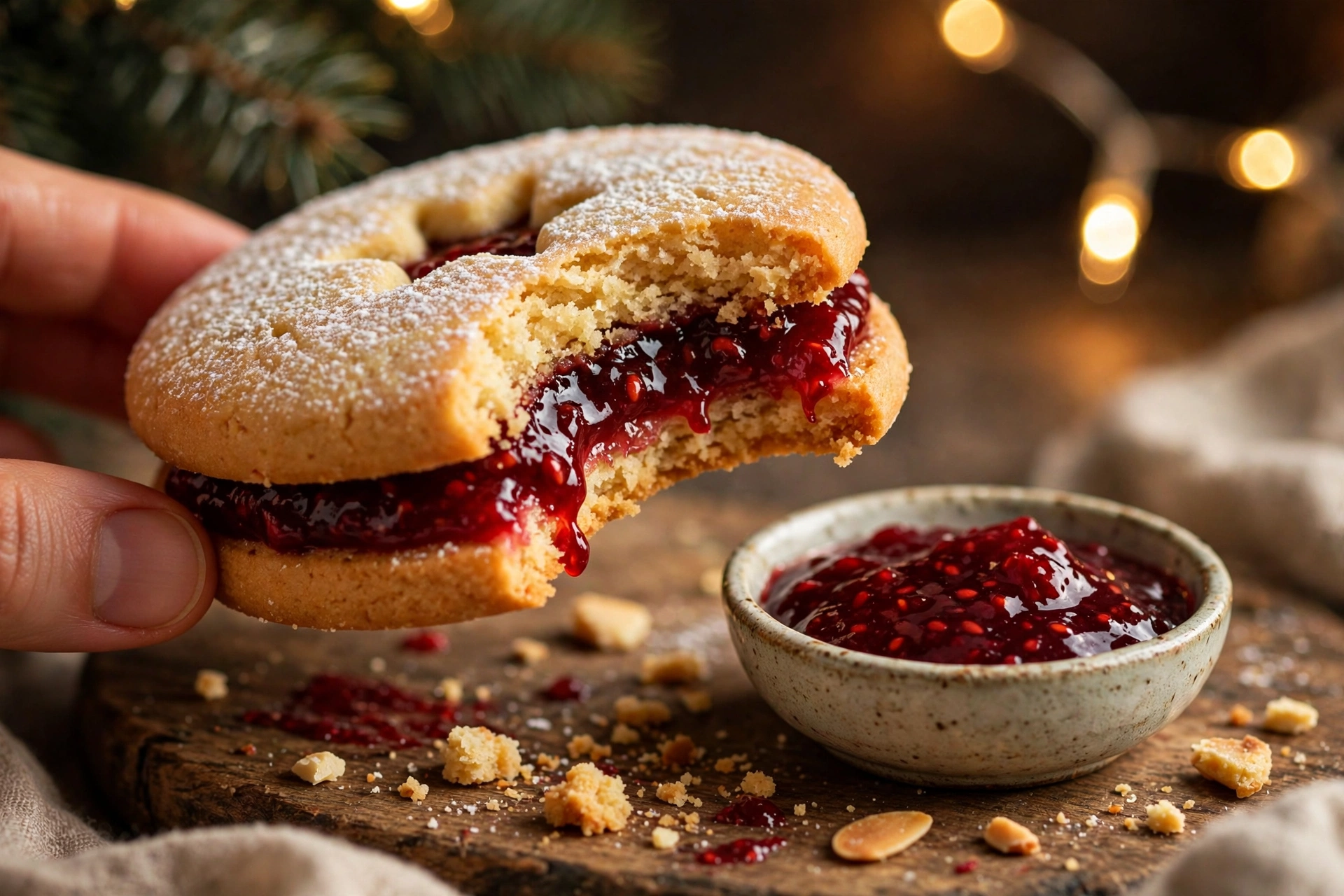 One healthy linzer cookie with a bite taken out, held over a wooden board, raspberry jam layers and a small bowl of jam beside