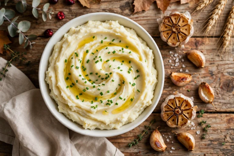 Healthy mashed potatoes in a white bowl swirled with olive oil and topped with chives