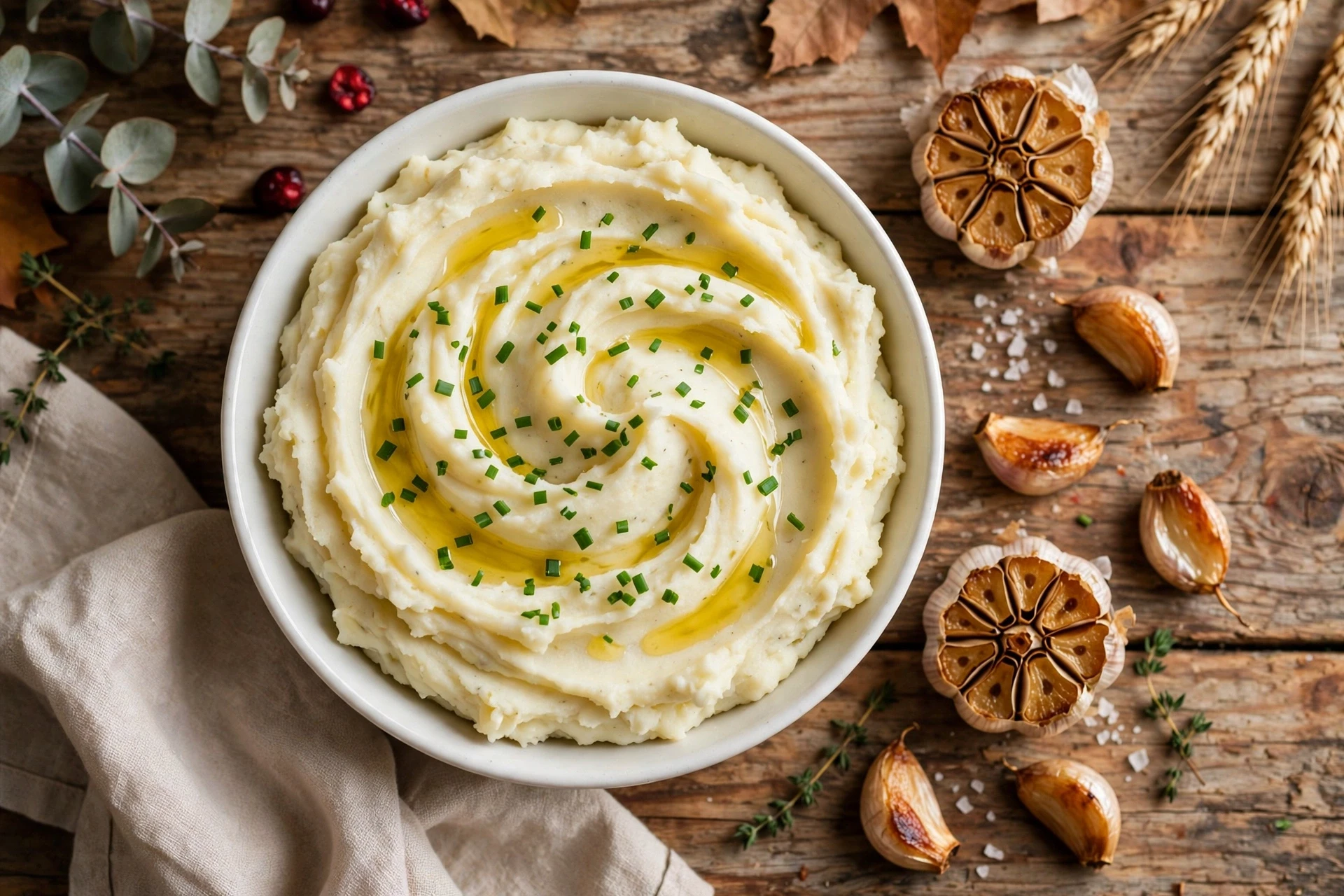 Healthy mashed potatoes in a white bowl swirled with olive oil and topped with chives