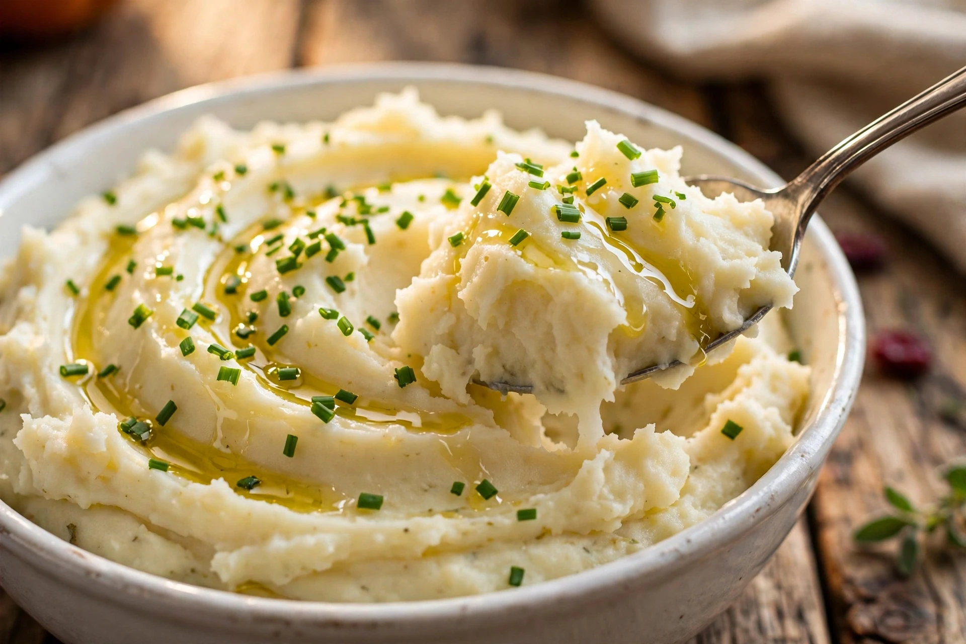 Healthy mashed potatoes being served with a spoon showing the creamy texture