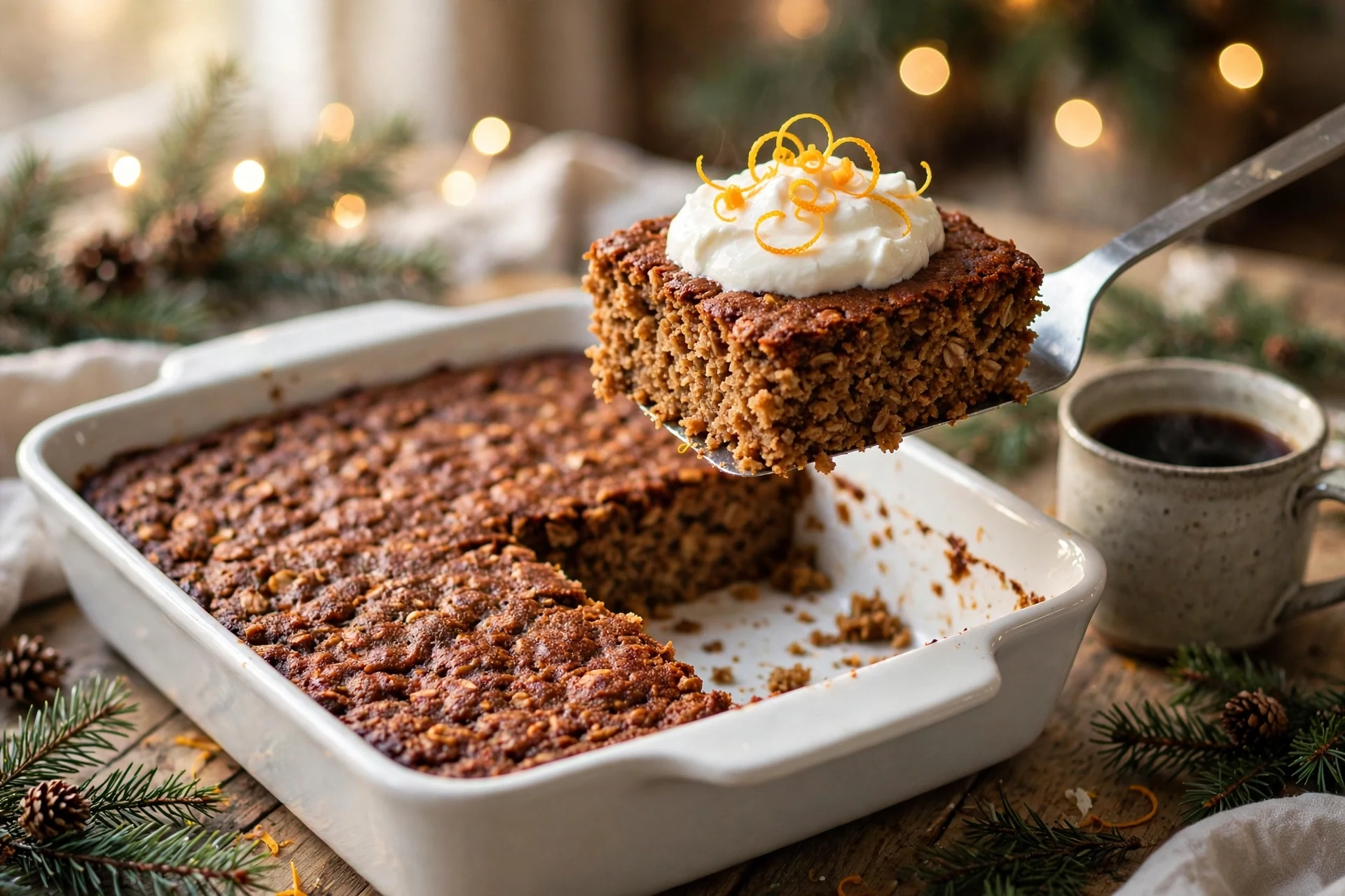 Baking dish of healthy gingerbread oatmeal bake with one square lifted on a spatula, topped with Greek yogurt and orange zest curls, beside a mug of coffee