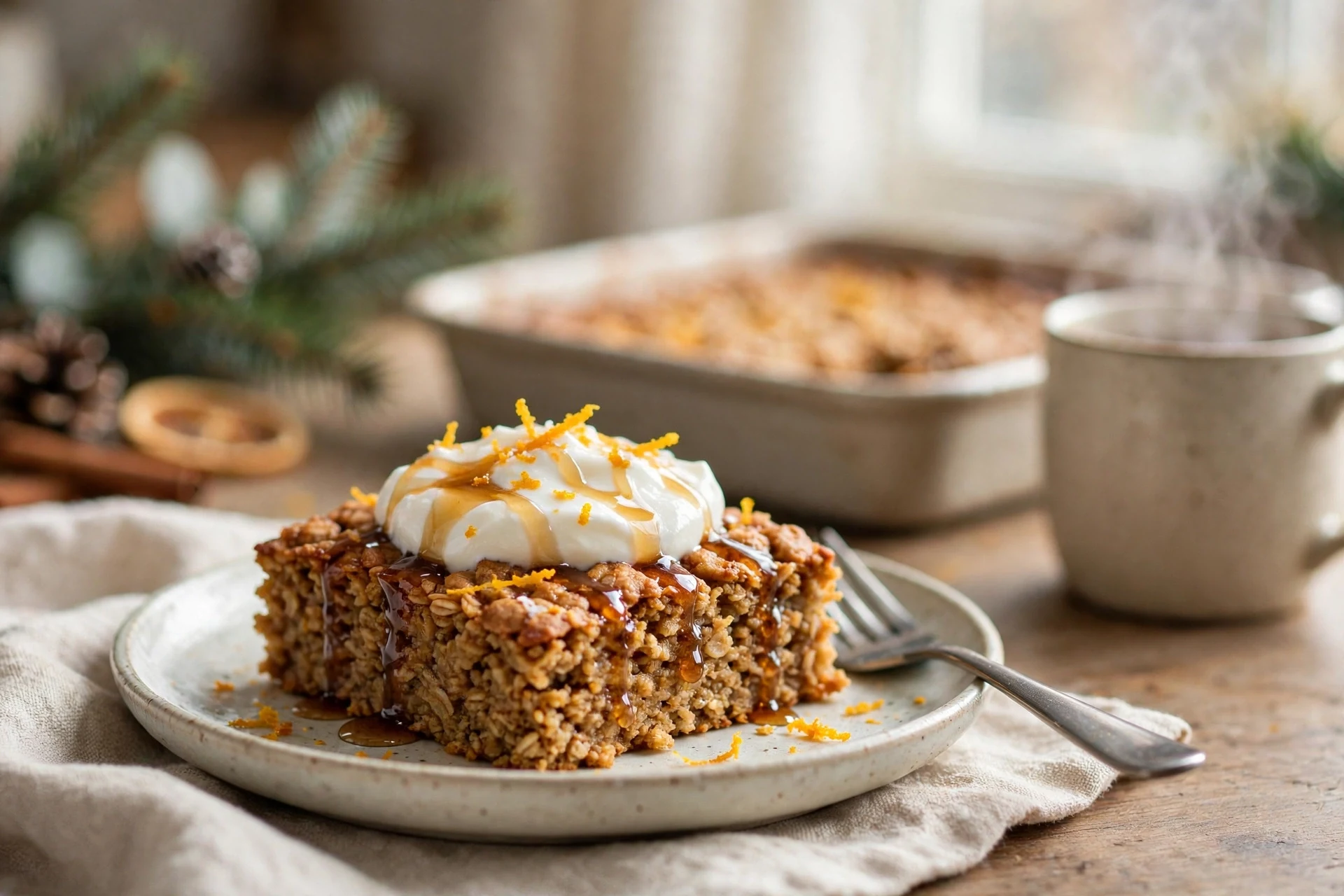 A square of healthy gingerbread oatmeal bake on a small plate with Greek yogurt, a maple drizzle and orange zest, fork resting on the plate and the baking dish behind