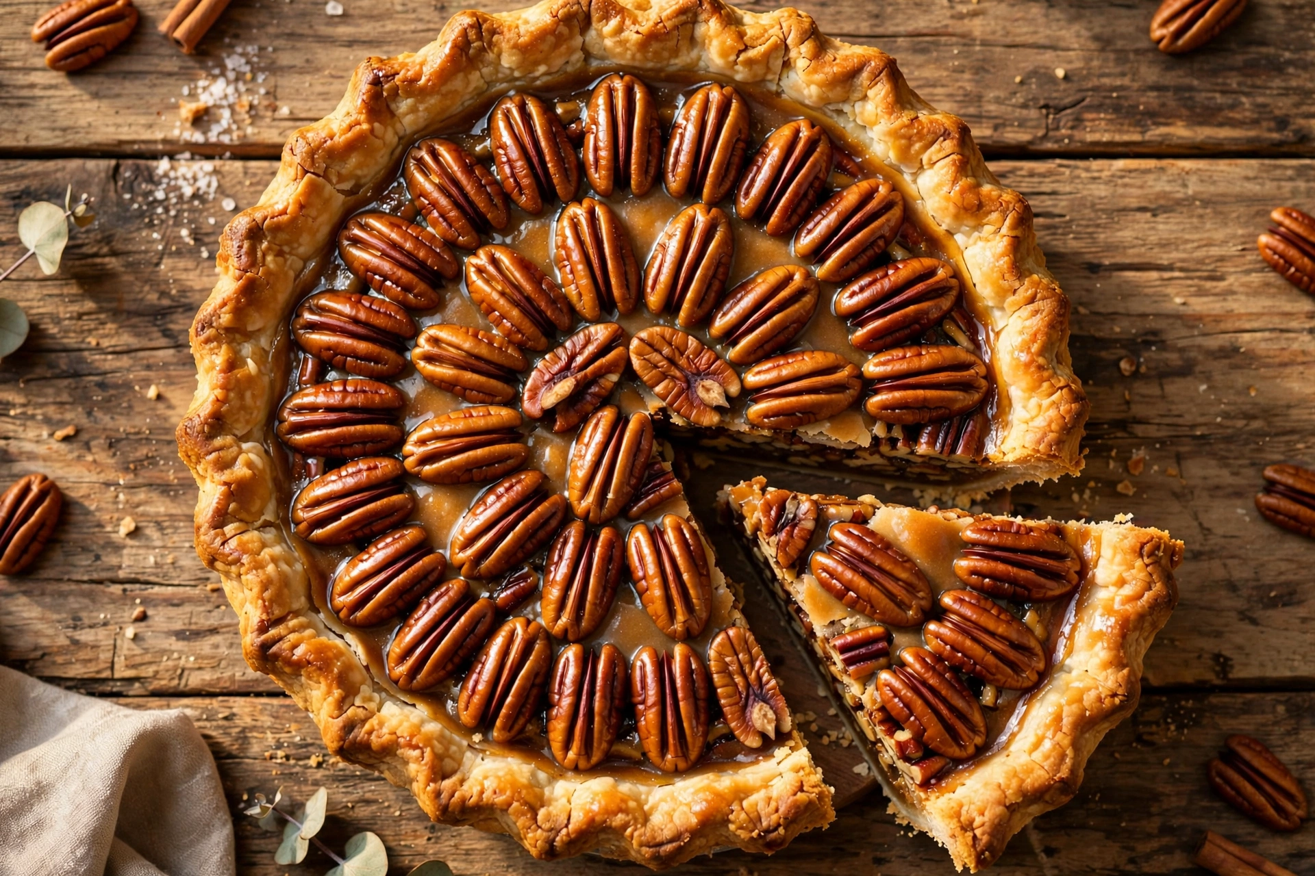 Whole healthy pecan pie with glossy maple-glazed pecans and golden crust, one slice cut on a wooden table