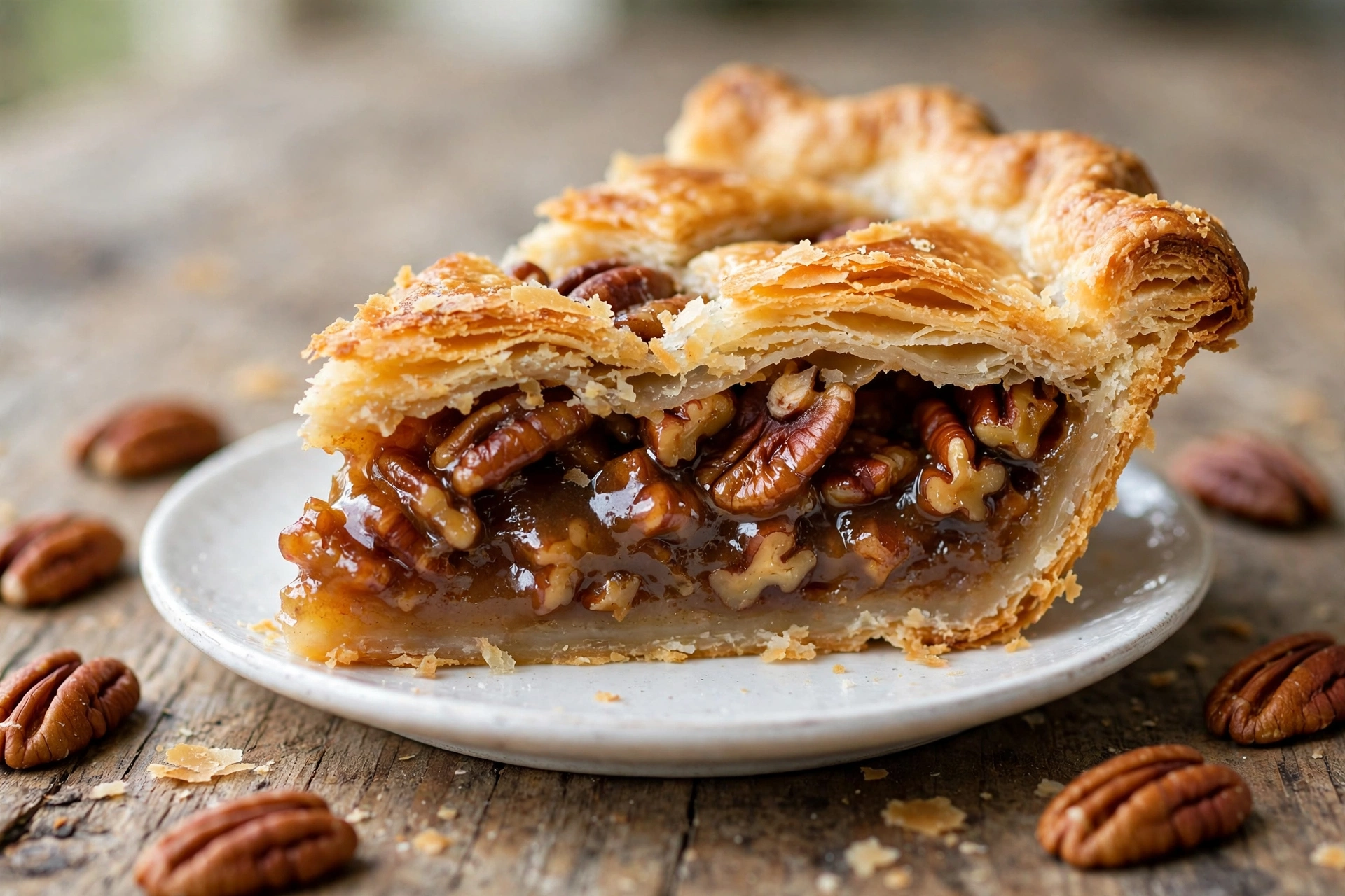 Close-up slice of pecan pie on a white plate showing gooey maple filling and flaky crust