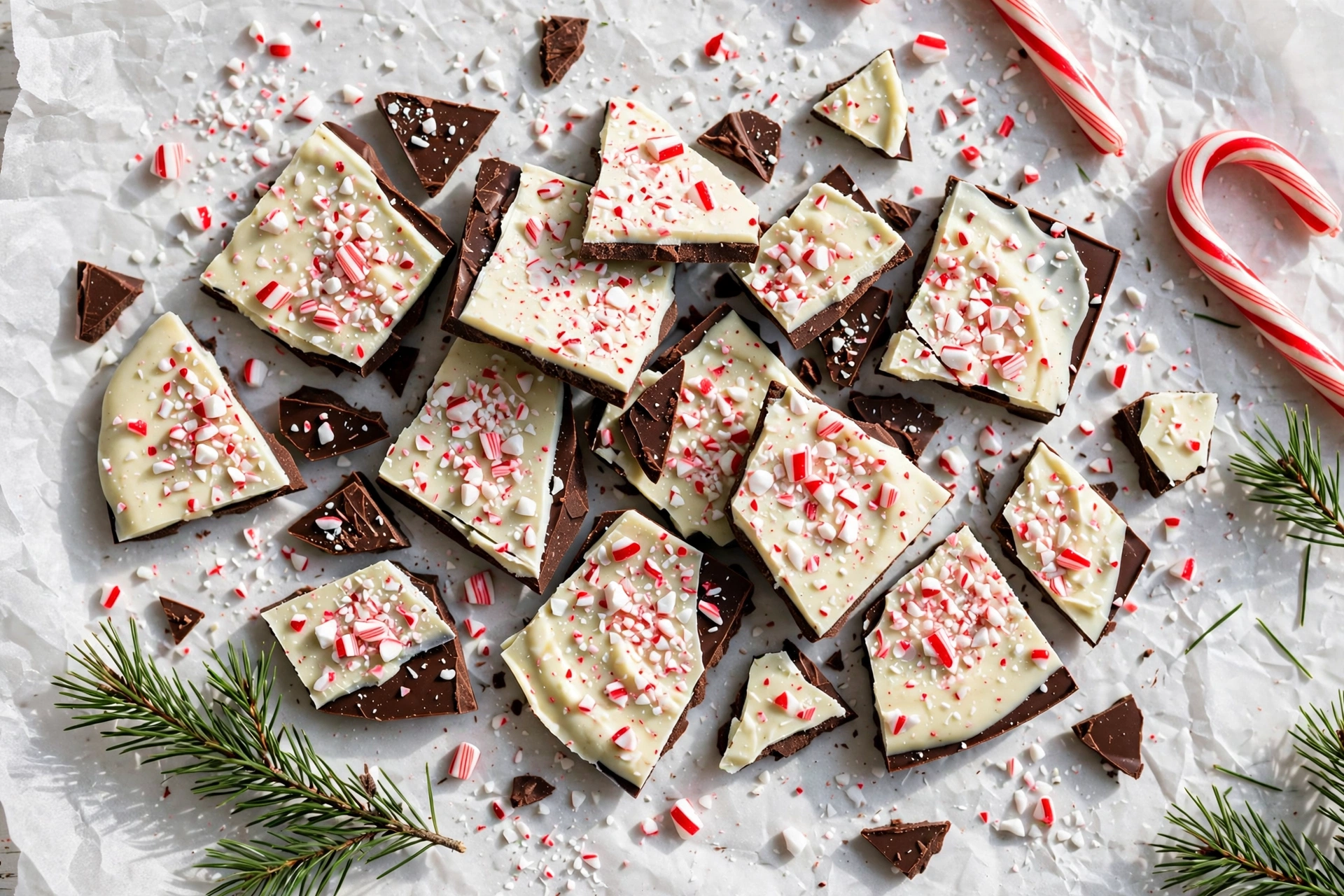 Pieces of dark and white chocolate peppermint bark topped with crushed candy cane on parchment paper