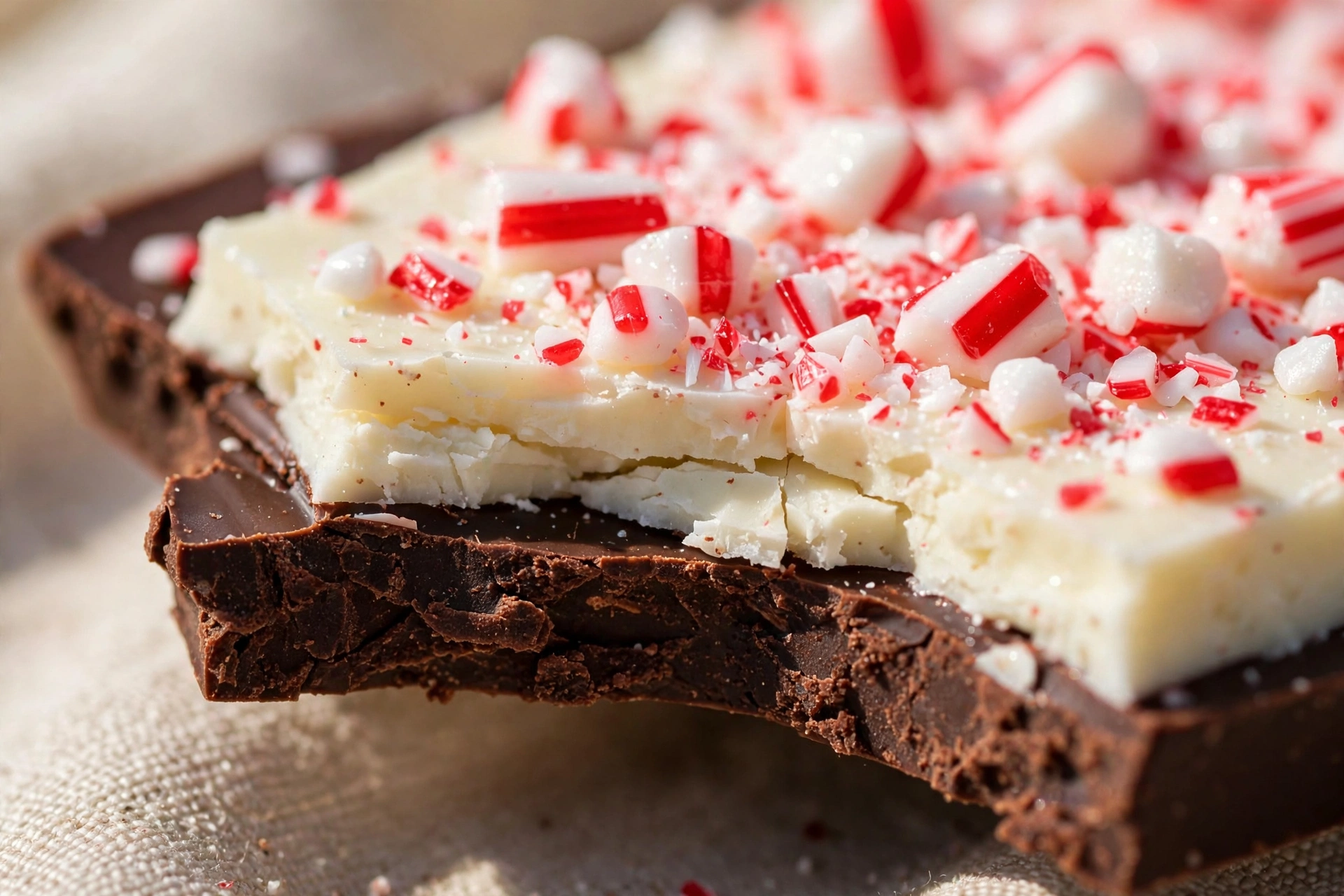 Close up of a broken piece of peppermint bark showing dark and white chocolate layers