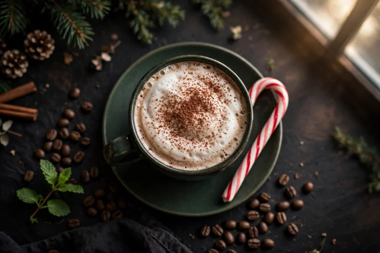 Mug of healthy peppermint mocha with frothed milk and a dusting of cocoa, a candy cane resting on the saucer, with coffee beans and fresh mint on a dark Christmas table