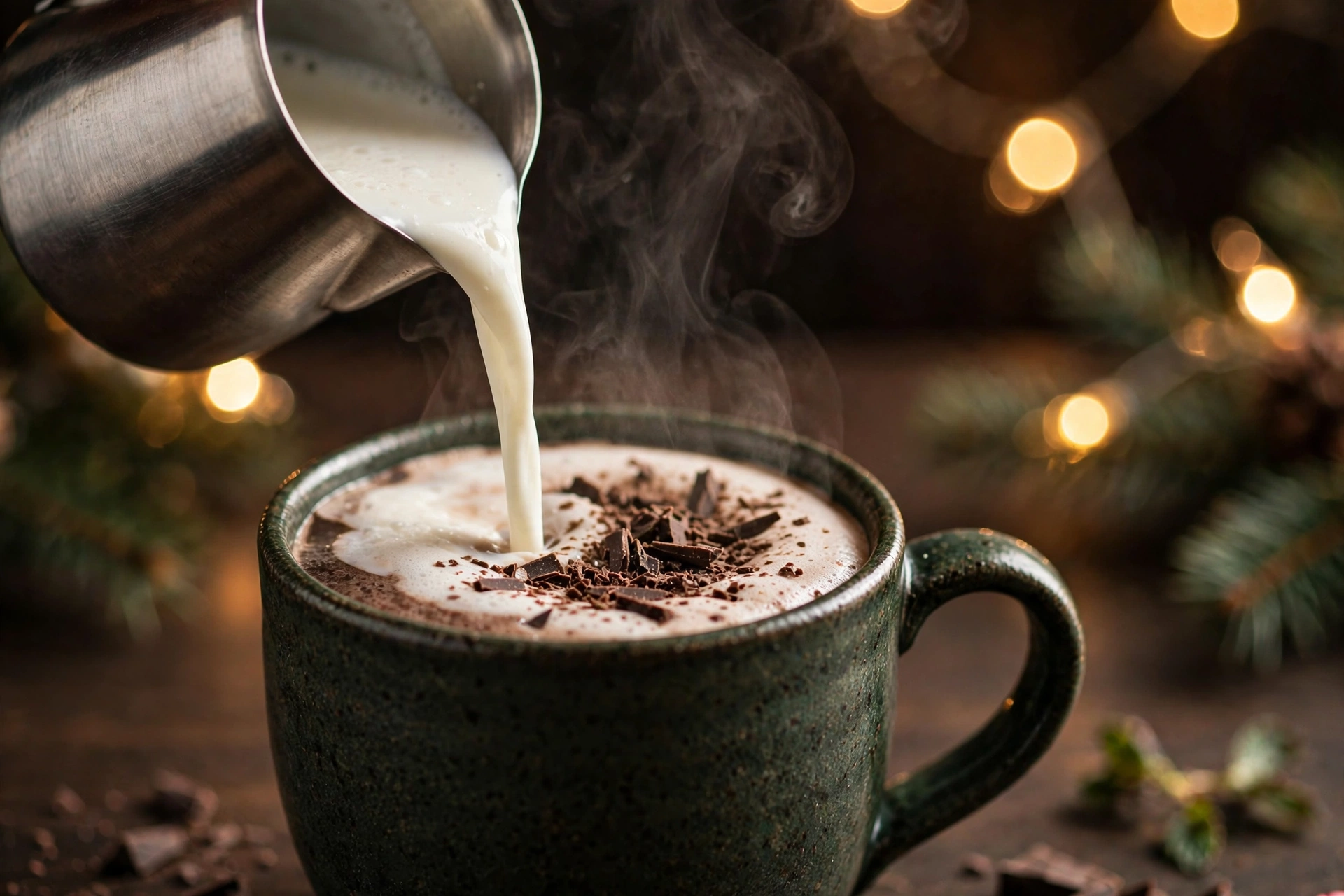 Frothed milk being poured from a small pitcher into a mug of healthy peppermint mocha topped with shaved dark chocolate, with steam rising and blurred Christmas lights behind