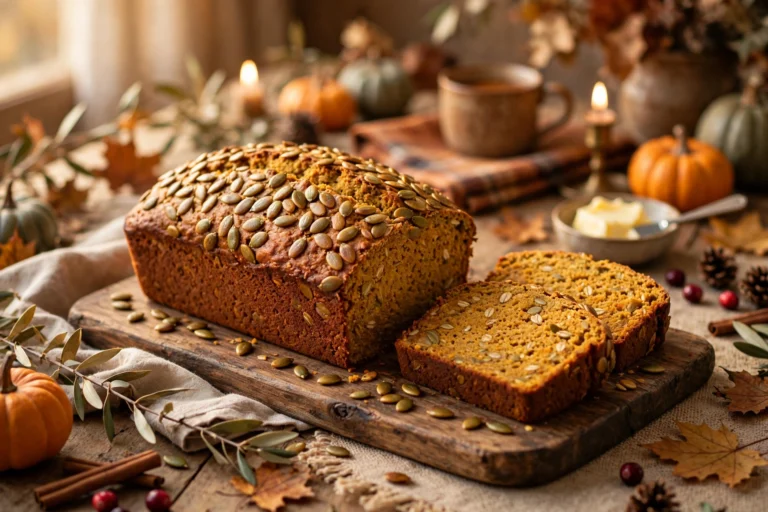Whole loaf of healthy pumpkin bread topped with toasted pumpkin seeds on a wooden board, with two thick slices cut, on a Thanksgiving table