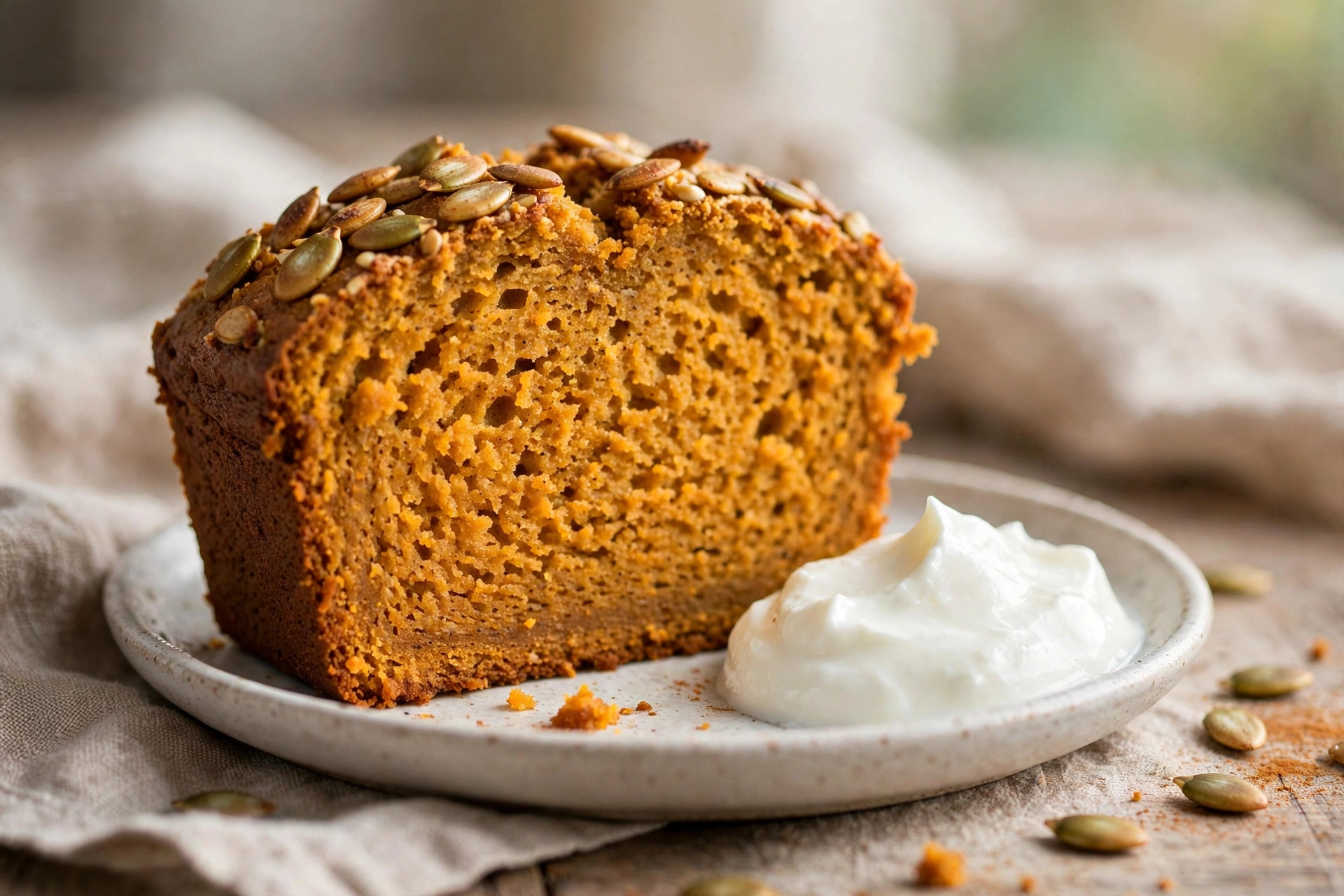 Close up of a thick slice of healthy pumpkin bread showing its moist orange crumb and toasted pumpkin seeds, served with a dollop of Greek yogurt