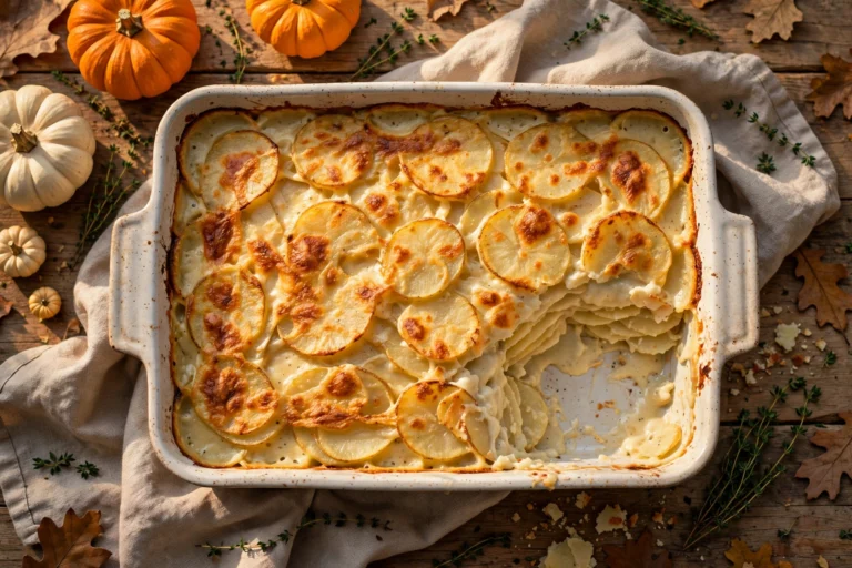 Baking dish of healthy scalloped potatoes with a golden browned top and one portion scooped out showing tender layers, with small pumpkins and thyme on a Thanksgiving table