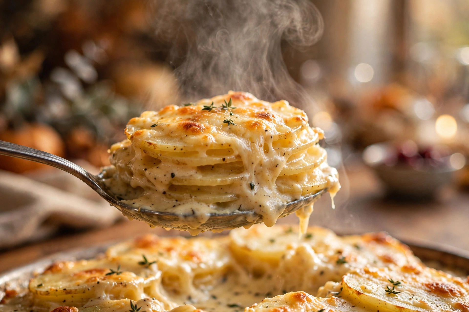 Spoon lifting a steaming portion of healthy scalloped potatoes with neat layers of thin slices in creamy sauce and melted cheese on top