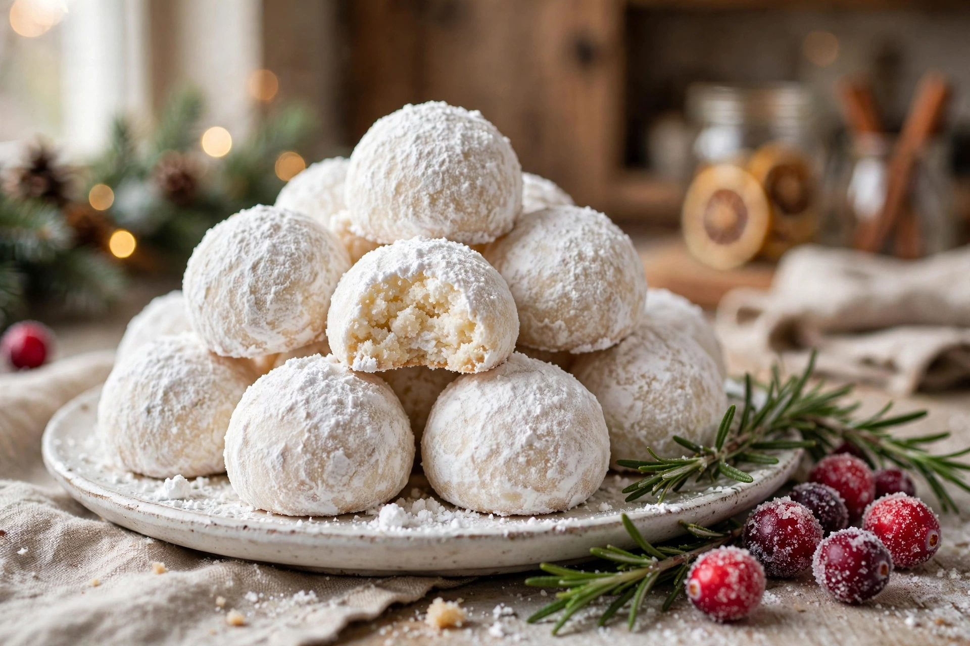 Healthy almond snowball cookies piled on a plate with a snowy powdered sugar coating