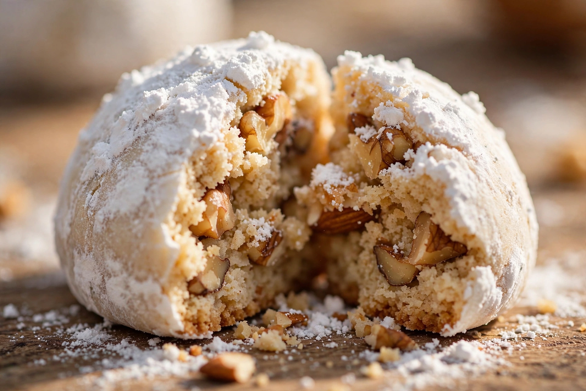 Close-up of a healthy almond snowball cookie broken open showing the tender almond crumb