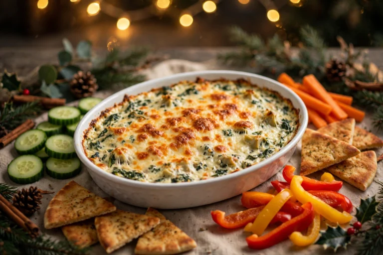 Healthy spinach artichoke dip baked golden in a white dish, surrounded by cucumber rounds, pepper strips, carrot sticks and pita on a Christmas party table