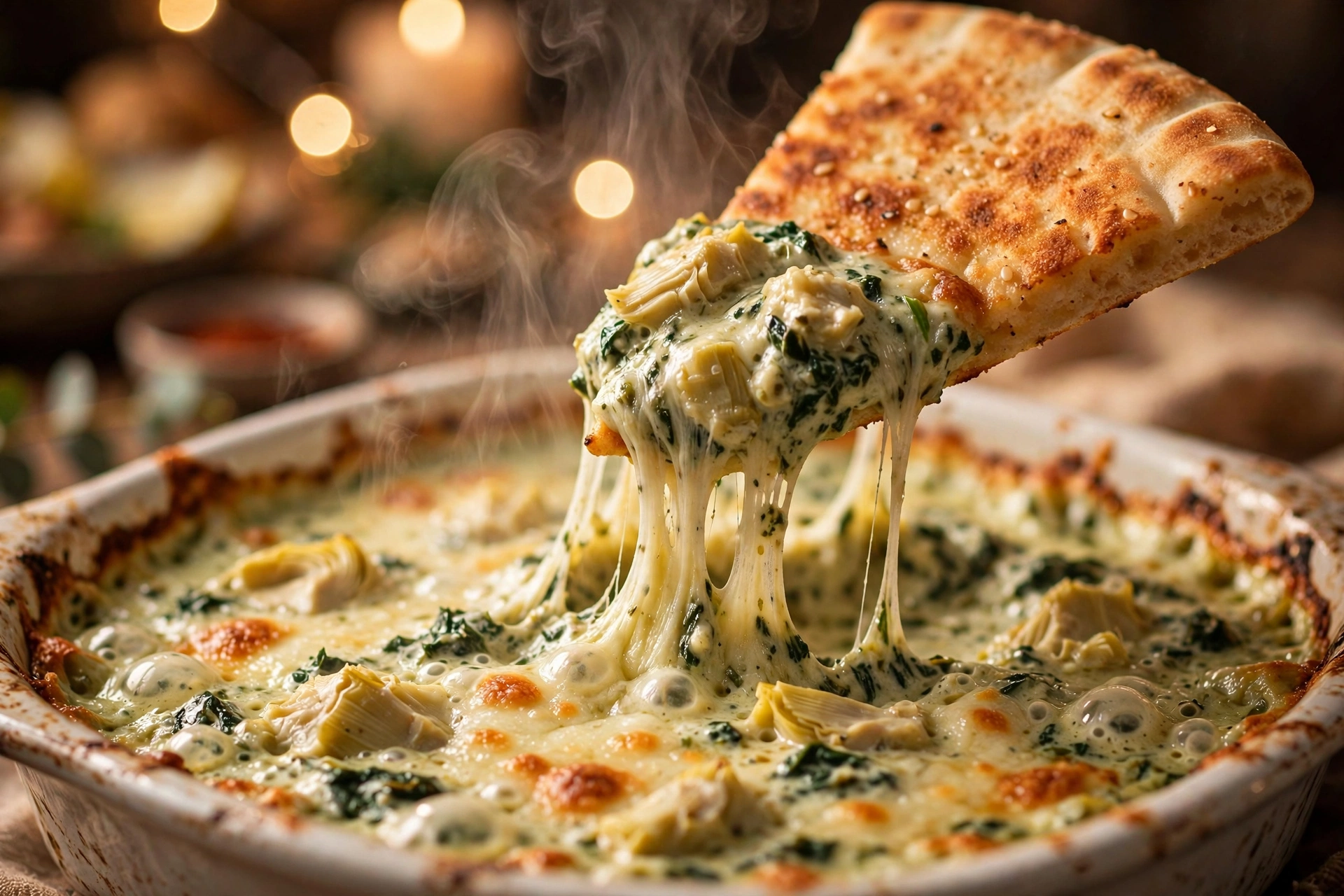 A pita triangle lifting healthy spinach artichoke dip with a long cheese pull from the bubbling dish