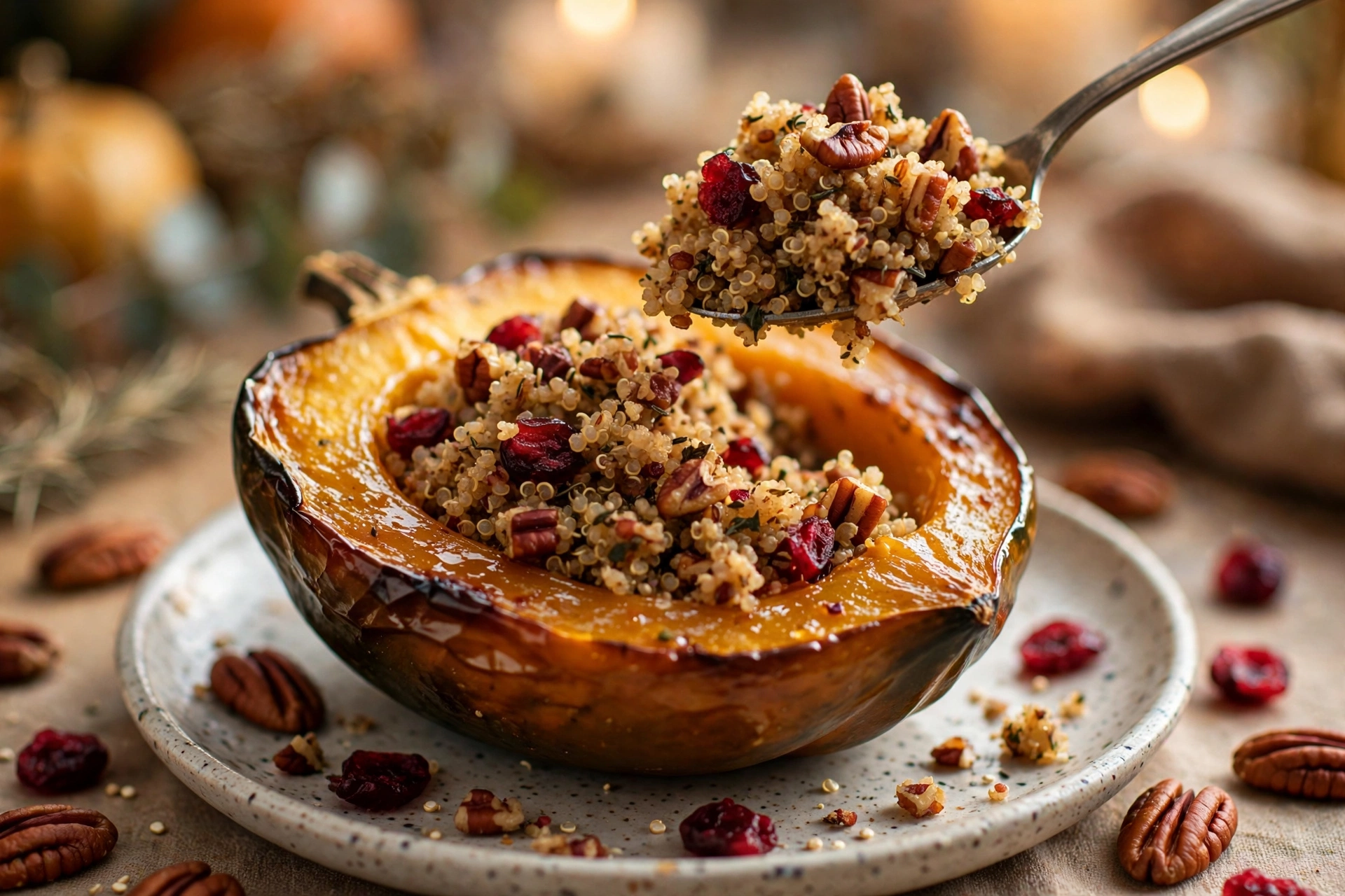 One healthy stuffed acorn squash half on a ceramic plate with a spoon lifting the quinoa cranberry filling