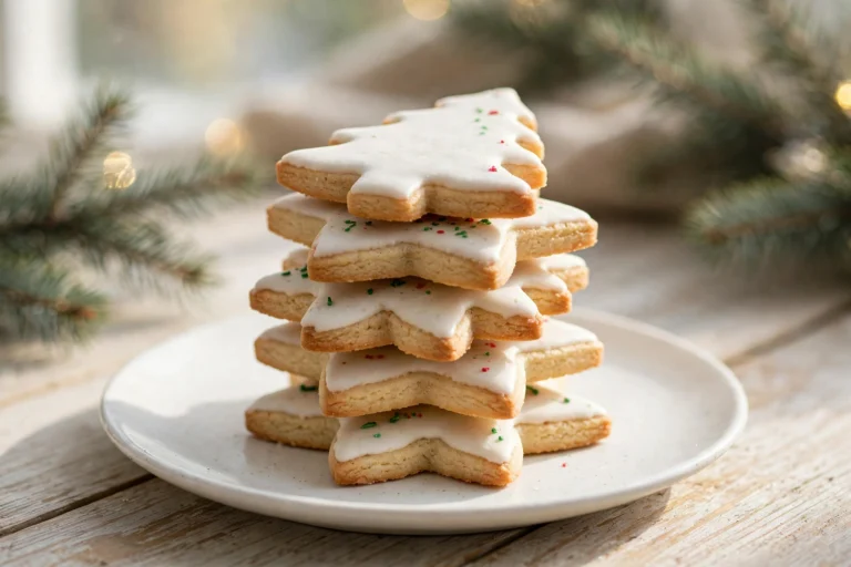 Healthy Christmas sugar cookies stacked on a white plate, decorated with light white yogurt glaze in star and Christmas tree shapes