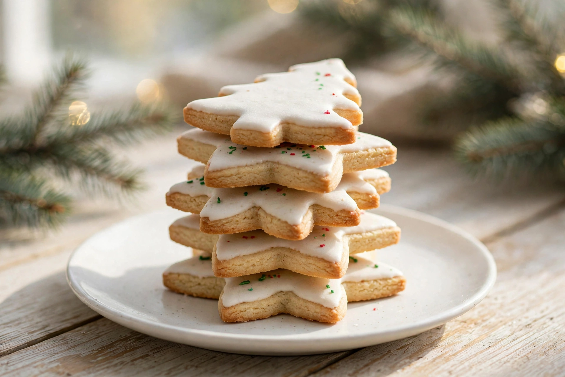 Healthy Christmas sugar cookies stacked on a white plate, decorated with light white yogurt glaze in star and Christmas tree shapes