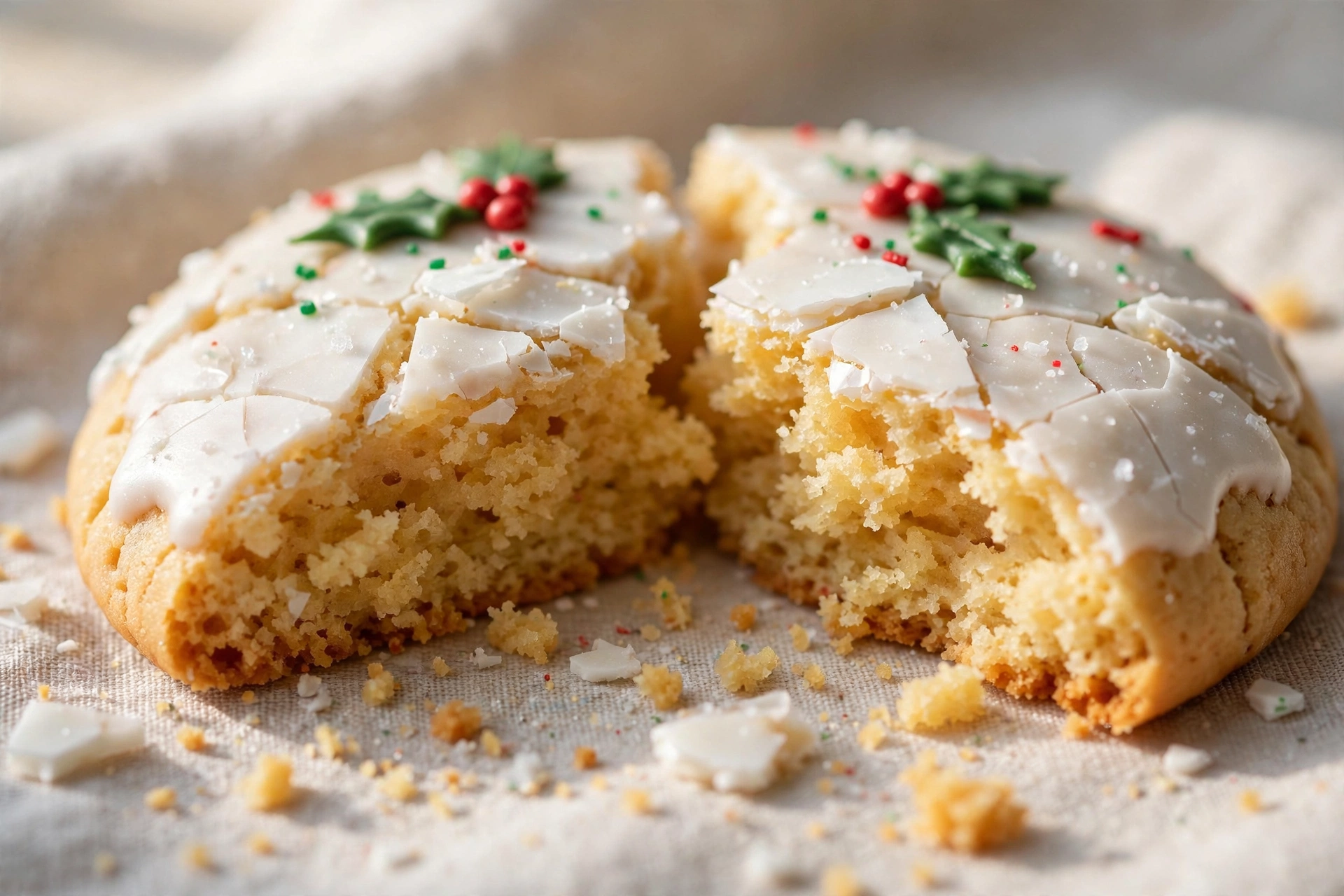 Close up of a broken healthy Christmas sugar cookie showing a soft tender golden crumb inside