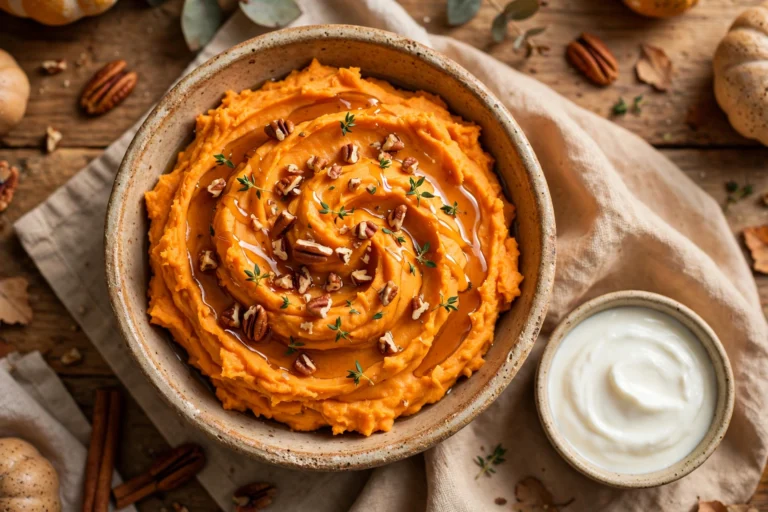 Bowl of whipped sweet potatoes with Greek yogurt swirled into soft peaks, drizzled with maple and topped with toasted pecans and thyme